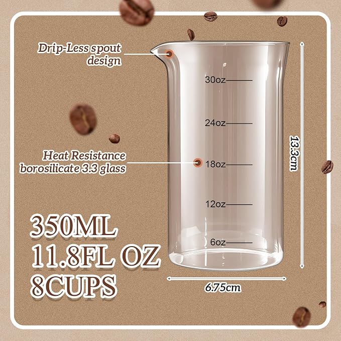 2 Pcs 34 oz French Press Replacement Glass with Scale Universal Replacement Beaker for French Press Tea and Coffee Makers Borosilicate 3.3 Glass Spare Carafe