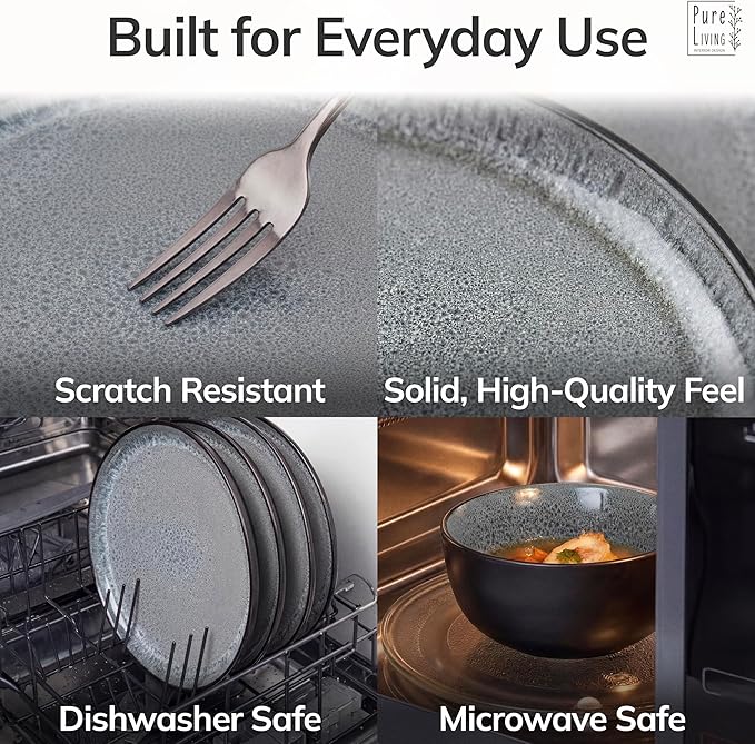 24 Piece Stoneware Dinnerware Set for 8 - Handmade Reactive Glaze Plates and Bowls Set - Lead & Cadmium Free - Chip & Scratch Resistant - Dishwasher Microwave Safe - Dark Gray