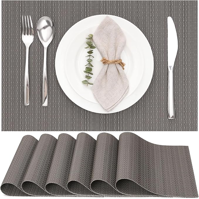 Myir JUN Placemats Set of 6 Kitchen and Dining Table Placemats | Vinyl Placemats Place Mats Indoor/Outdoor Set of 6 Washable Table Mats Non-Slip Place mats for Dining Table, Dark Gray