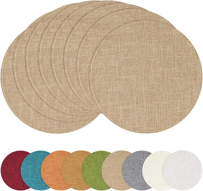 Cotton Linen 15 Inch Round Cloth Place mats, Set of 8, Linen | Washable Table Mats, Heat Resistant, Reversible, Wipeable Place Mats for Indoor Outdoor
