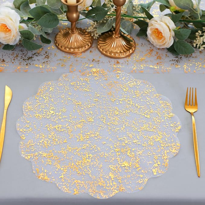 Snowkingdom Gold Placemats Set of 50, Gold Metallic Mesh Glitter Foil Floral Scalloped 13" Round Disposable Doilies for Dinning Table Fall Wedding Birthday Party Thanksgiving Christmas Decorations