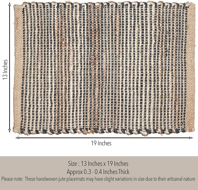 Natural Jute & Black Placemats, Set of 4 – Rustic Handmade Boho Table Mats, 13x19 Inch Dining Table Placemats for Kitchen, Everyday Meals, Holidays, Farmhouse or Modern Table Décor