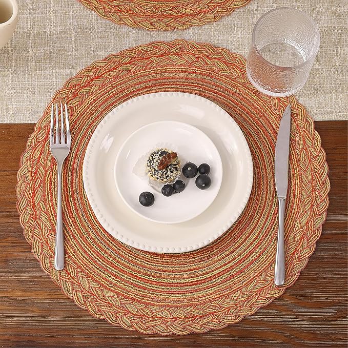 SHACOS Round Placemats Set of 6 Woven Round Table Mats 15 inch Circle Braided Edge Washable Cotton Polyester Kitchen Dining Table Place Mats, Fall Color Mix (Pack of 2)