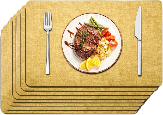 Maxpearl Faux Leather Placemats Set of 8, Easy to Clean, Light Yellow | Waterproof - Heat Resistant - Non Slip - Wipe Clean Dining Table Place Mats, Suitable for Indoor & Outdoor Use, 17''×12''