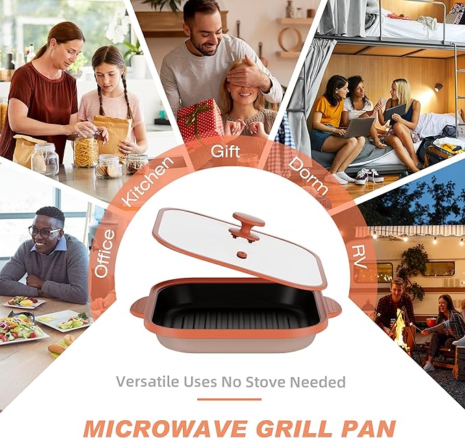 Microwave Grill Pan with Glass Cover - Bacon Cooker, Crisper & Grilled Cheese Maker, Microwave Cookware,Dishwasher Safe for Easy Clean