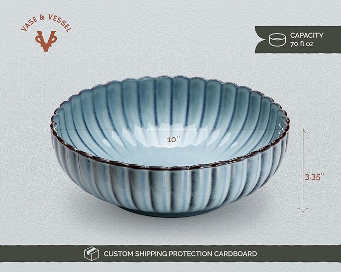 Serving Bowls, Durable Ceramic, Large, Microwave and Dishwasher Safe, Scalloped Shell Shape, Ombre Blue, 70 oz, Set of 2, Tidal Collection