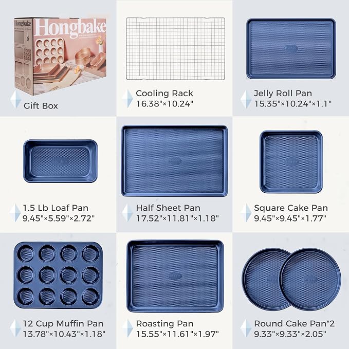 9-Piece Baking Pans Set Nonstick, Stackable Non Toxic Bakeware Sets with Diamond Texture, Oven Pan Set for Cooking, Includes Cookie Sheet with Rack, Cake Pan, Roasting Pan, Muffin Tin, Blue