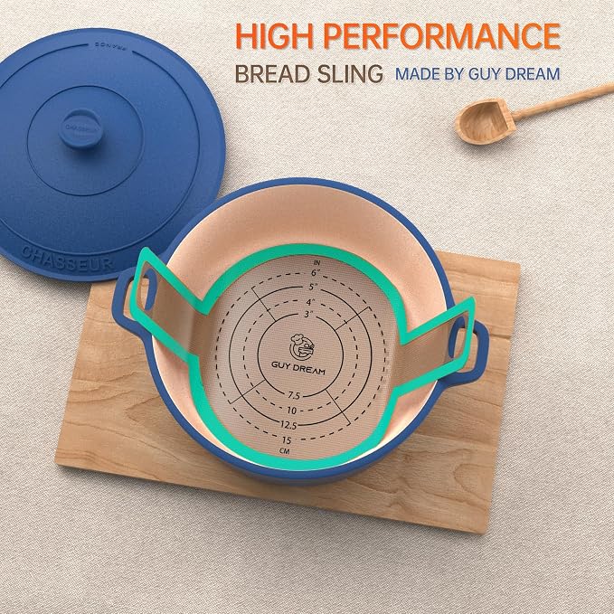 GUYGUYDREMAT Bread Sling for Dutch Oven – Heavy-Duty Reusable Silicone Baking Mat with Finger-Loop Handles, Non-Stick Sourdough Bread Liner, Fits 8–9 Inch Baskets (2-Pack, Modern Teal)