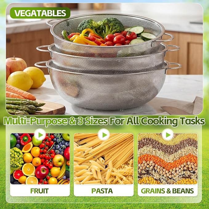 Gisafai 3 Pcs 10/12/16 Quart Stainless Steel Colander Set for Kitchen Micro Perforated Exlarge Metal Pasta Strainer with Handles Metal Mesh Strainer Net Basket Self Draining Solid Base for Pasta