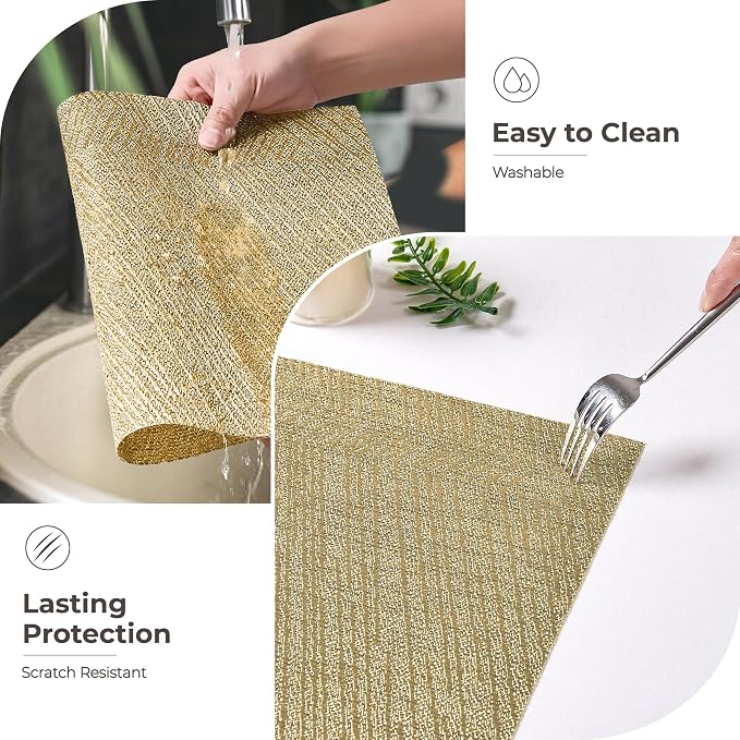 Leetaltree Gold Placemats Set of 8 - Heat Resistant Non-Slip Place mats for Dining Table, Washable Durable PVC Vinyl Woven Table Mats(Luxury Gold, 8)