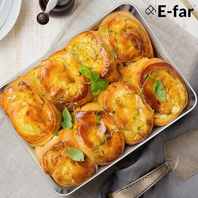 E-far 10.5” x8.3” Baking Sheet Set of 2, Stainless Steel Toaster Oven Tray | Small Non-toxic Metal Baking Pan for Cookie & Cake, Healthy & Rust Free, Mirror Finish & Dishwasher Safe