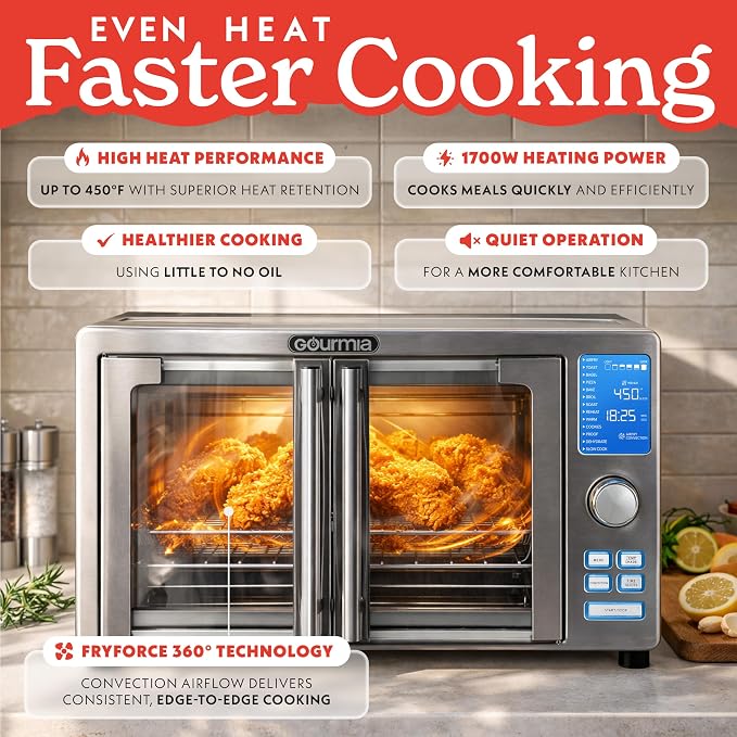 Gourmia Air Fryer French Door Toaster Oven - 6-Slice Capacity, LED Display with 14 Cooking Presets, Stainless Steel