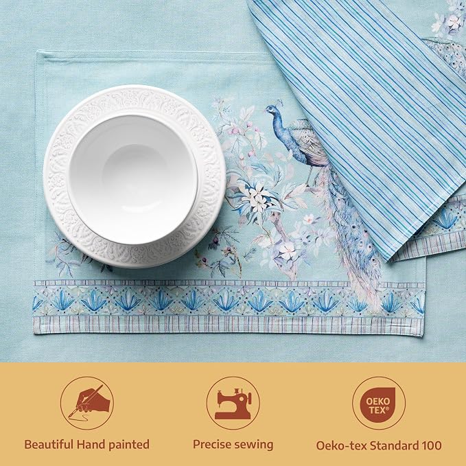 Maison d' Hermine Placemats Set of 4 Reusable 100% Combed Cotton (13"x19") | Cloth Place Mats Washable Table Mats for Kitchen Dining Home Restaurant Spring Summer - Peacock Utopia - Pastel Turquoise