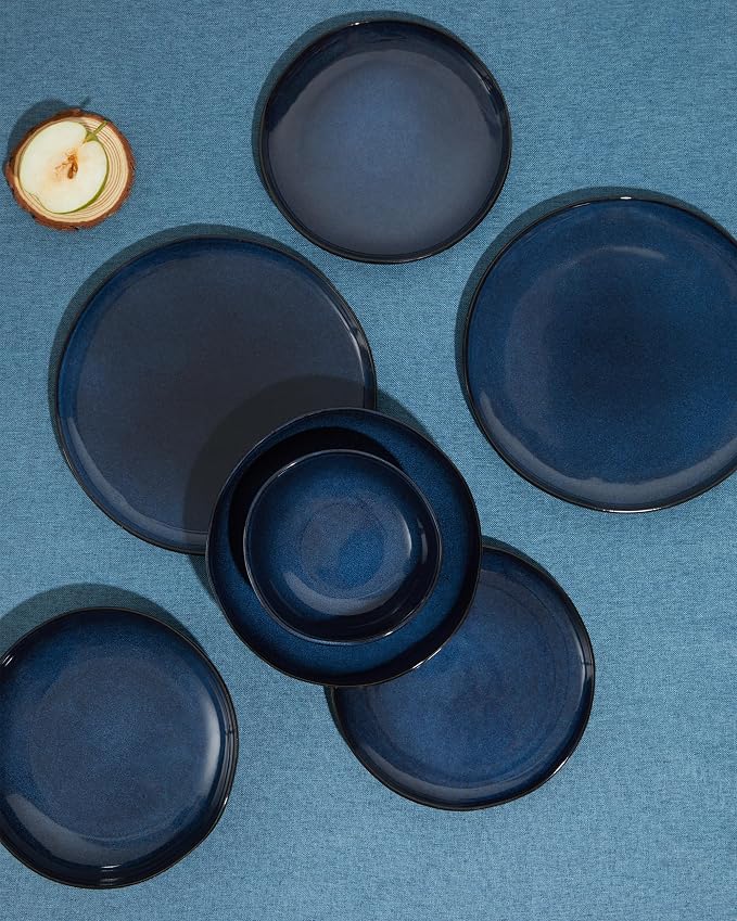 Plates and Bowls Sets, 16 Pieces Dinnerware Set for 4 with Pasta Bowls, Handmade Dishes Set, Chip Resistant Dishware Sets, Microwave Safe Dinner Set, Designed for Interactive Meals, Starry Blue