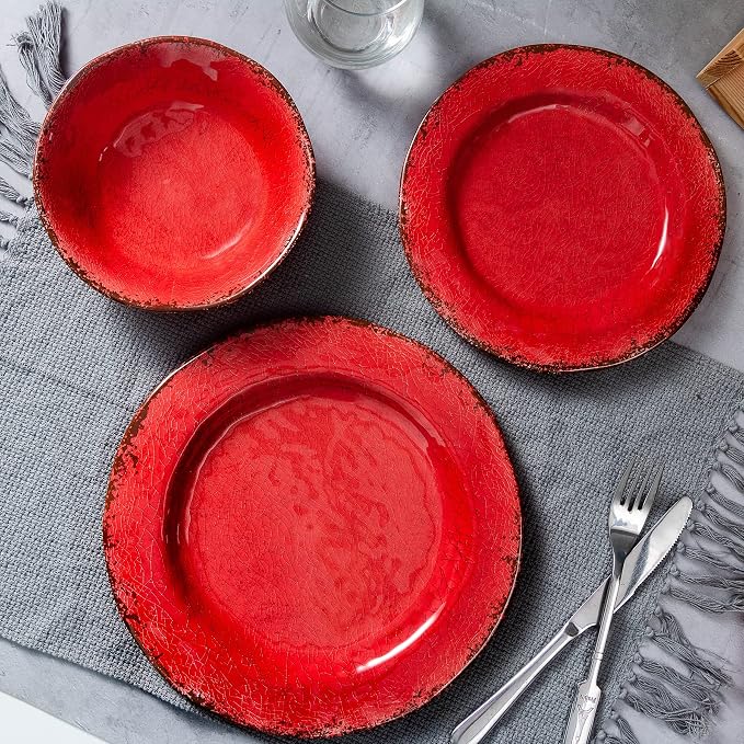 LEHAHA Farmhouse Plates and bowls set, 12 Piece Christmas Melamine Dinnerware Sets for 4,Lightweight and Unbreakable Dishes Set,Perfect for Indoor and Outdoor and Picnic use. Red