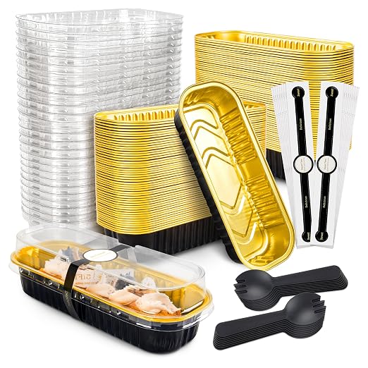 NPLUX Loaf Pans with Lids, 100 Pack Black Gold 6.8oz for Bakery Gifts | Use for tasting samples, dessert bars, fruit cups and brownies; clear top helps buyers see the finished look.