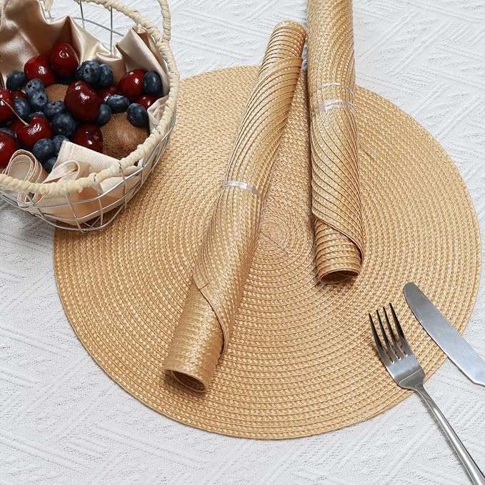 Winknowl Round Braided Placemats Set of 4 Washable Woven Heat Resistant Table Mats for Kitchen Dining Tables 15 inch Round Place Mats (Camel,4pcs)