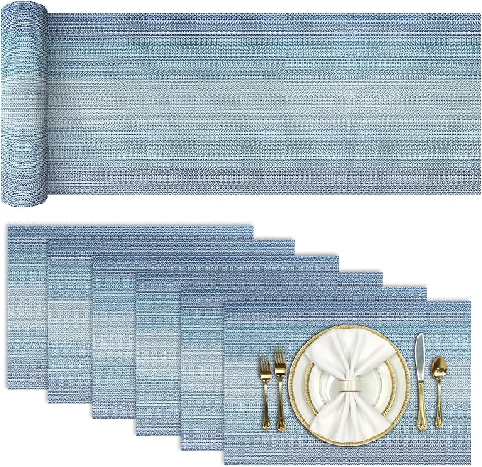 Aofmee Table Runner and Placemats Set of 6 Washable, Heat Resistant Place Mats with Table Runner, Woven Vinyl Table Placemats for Dining Table, Stain Resistant Kitchen Table Mats Sets, Easy to Clean