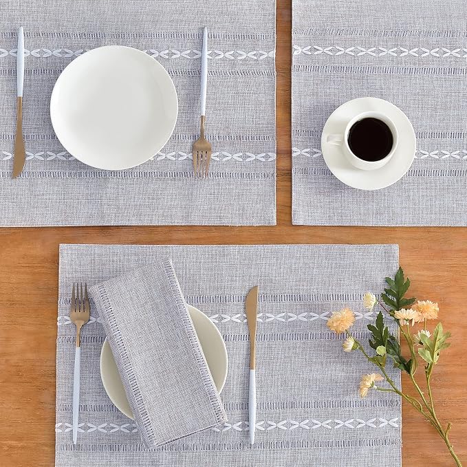 Wracra Cotton Linen Place Mats, Grey Embroidered Placemats Set of 8 | Placemats 12 x 18 Inch; Cotton Linen Woven Fabric; Heat Resistant Table Mats; Raised Embroidered Hollow Design