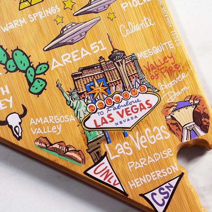 Totally Bamboo Nevada State Shaped Cutting Board, Art by Fish Kiss | State charcuterie board with colorful hand-drawn map artwork. Smooth reverse side for food prep. Hang tie for wall display.