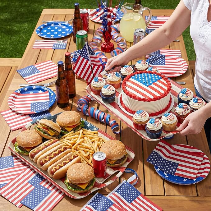 KINGEN 2-Pack Patriotic Bamboo Fiber Serving Trays - 17.3×12.2-inch Extra Large w/Handles Tray, Stars & Stripes Platters for 4th of July, Christmas, BBQ (4th of July Red White Blue Star, 17.3inch)