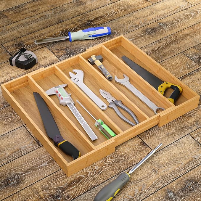 Fibogollo Expandable Bamboo Silverware Organizer, Kitchen Drawer Organizer | Flatware and Utensils Organizer Tray, Cutlery Organizer for Kitchen Drawer，Utensil Holder（13.3-22.8 x 16.9 x 2 inch）