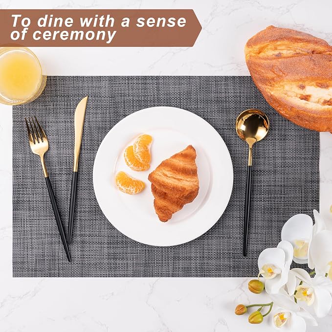 Placemats Set of 6 Washable Indoor(Black) | Outdoor Vinyl Place Mats for Dining Table Durable Non-Slip Heat Resistant PVC Weave Table Mats