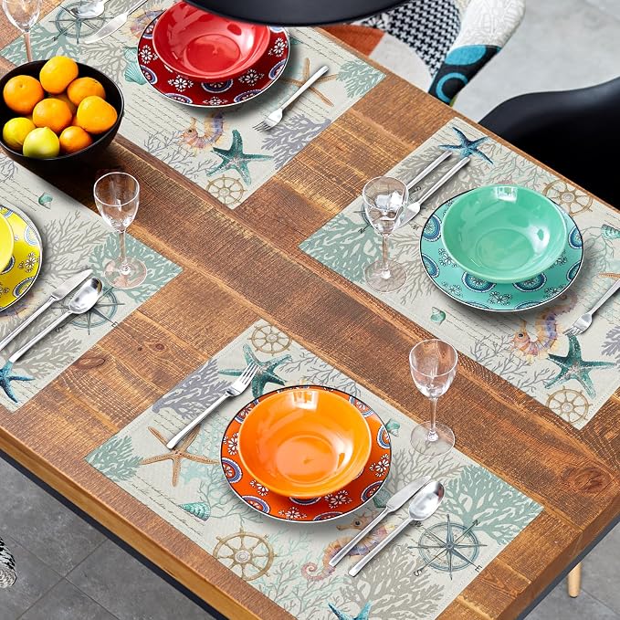 Nautical Placemats Set of 4 Starfish Sea Shell Beach Theme Ocean Coral Washable Non-Slip Heat Resistant 12×18 Inch Seasonal Summer Linen Fabric Table Mat for Party Kitchen Dining