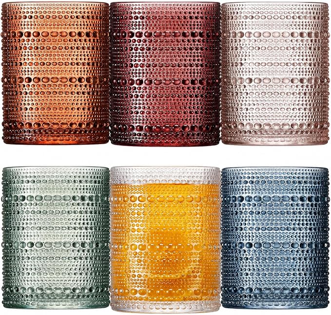 Mfacoy Colored Hobnail Drinking Glasses Set of 6, 10oz Vintage Kitchen Glassware, Embossed Beaded Glass Cups, Water Glasses, Beaded Colorful Water Tumbler for Cocktail, Juice and Various Mixed Drinks