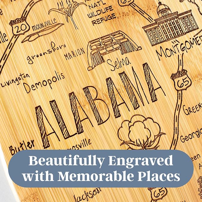 Totally Bamboo Destination Alabama State Shaped Cutting Board | State charcuterie serving board with engraved map artwork. Smooth reverse side for food prep. Hang tie for wall display.