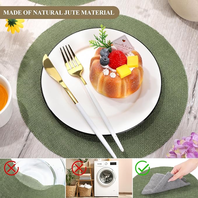 Aneco 50 Pieces Round Burlap Placemats 11.8 Inch Reusable Sage Green Table Mats Heat Resistant Natural Jute Fibers Placemats Burlap Circle Rustic Table Decorations for Dinner Holiday Farmhouse Decor