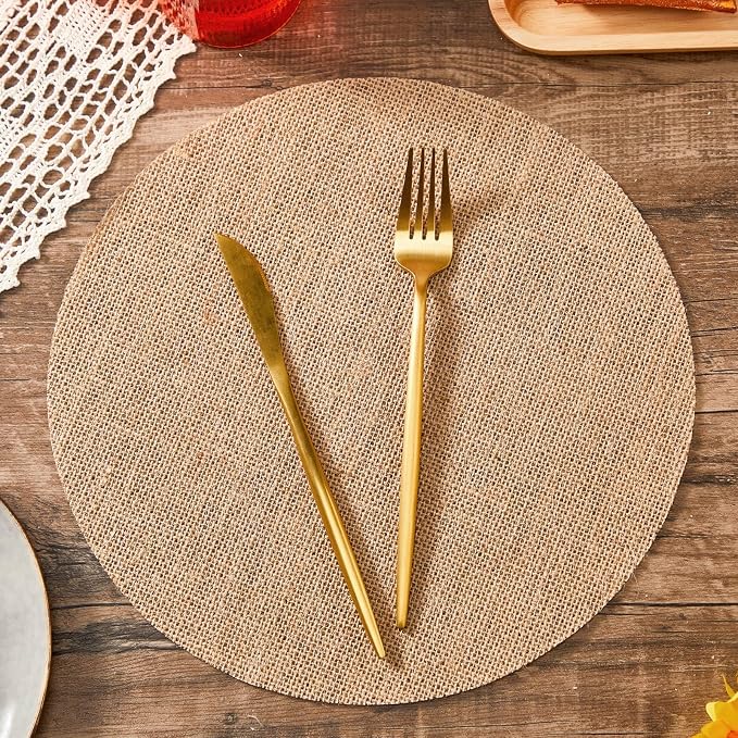 100 Pieces Round Burlap Placemats Bulk 13.78 Inch Reusable Placemats Brown Table Mats Boho Circle Rustic Table Decorations for Wedding Fall Christmas Holiday Farmhouse Party Supplies