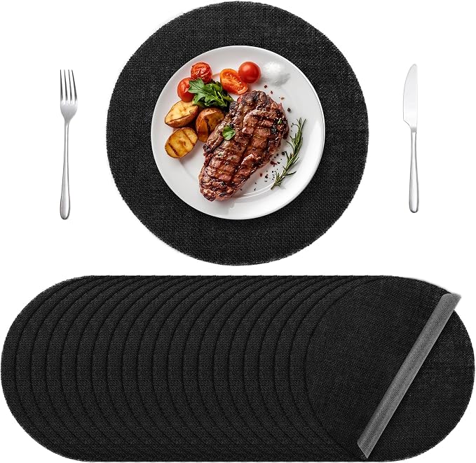 Aneco 50 Pieces Round Burlap Placemats 13.78 Inch Reusable Black Table Mats Heat Resistant Natural Jute Fibers Placemats Burlap Circle Rustic Table Decorations for Dinner Holiday Farmhouse Decor