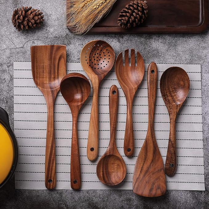 Wooden Non-Stick Kitchen Pan Toolset 7 Pieces Set, Natural Kitchen Utensils Spatula, Wooden Cooking Utensils Spoons, Fried Spatula and Salad Fork
