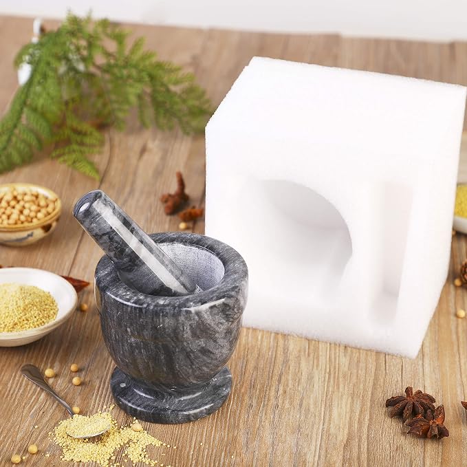 Mortar and Pestle Marble Set for Spices Pestos Seasonings Pastes Guacamole Bowl Herb Grinder Easy to Clean Included:Silicone Mat,Brush,Stainless Steel Spoon 4.33inch(Small,Black Gray)
