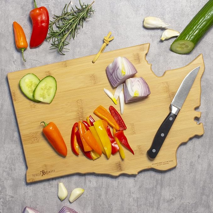 Totally Bamboo Washington State Shaped Cutting Board, Summer Stokes Art | State charcuterie board with colorful hand-drawn landscape art. Smooth reverse side for food prep. Hang tie for wall display.