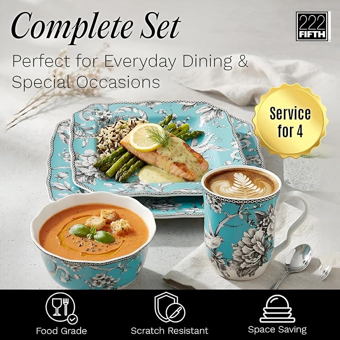 222 Fifth Adelaide Turquoise 16-Piece Porcelain Dinnerware Set | Microwave and Dishwasher Safe Dining Set for 4 | Stackable and Chip-Resistant Plates Bowls and Cups | Gift for Housewarming & Wedding