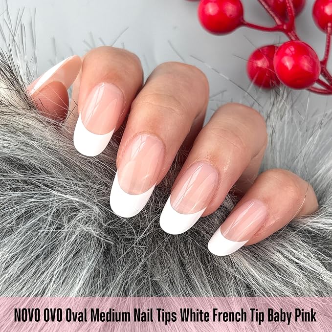 NOVO OVO White French Tip Oval Nail Tips Press on BABY PINK, Extra Thick Medium Soft Gel Fake Nail Acrylic Extension, Need Builder Gel Top Coat, No Glue Included, for Salon DIY x 15 Sizes 240 pcs