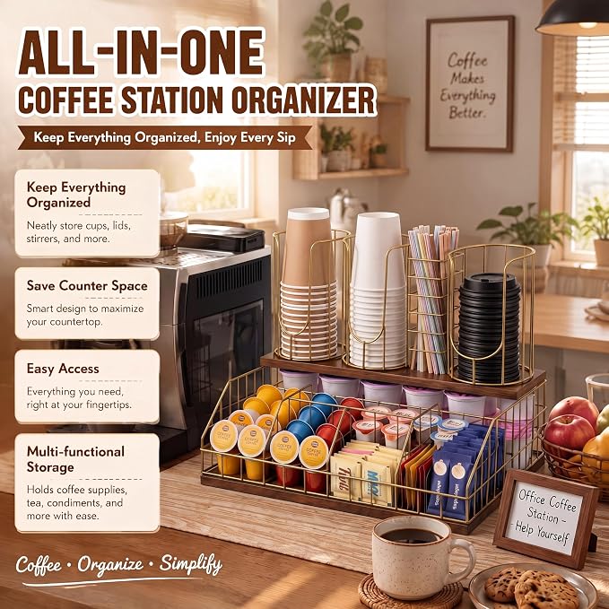 Coffee Cup and Lids Organizer with 4-compartment Double Layer, Cup and Lid Holder for Coffee Pod Straw and Lid Storage, Fits 4-20 oz Cups, Max Accommodable Dia 3.9 in