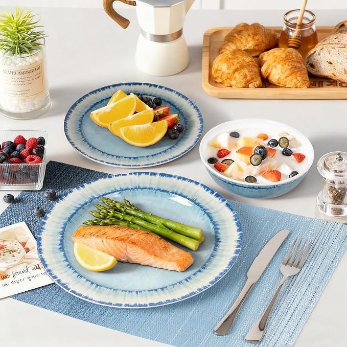 Melamine Dinnerware Set of 12 Pcs Dinner Dishes Set with 4 Placemats for Indoor and Outdoor Use, Dishwasher Safe, Lightweight Unbreakable, BPA Free, Light Blue