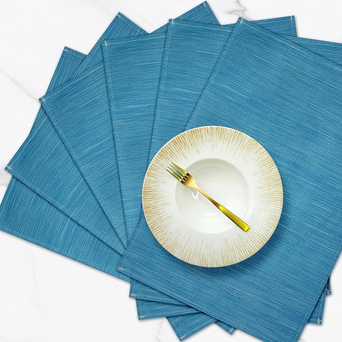 Blue Placemats Set of 6, 12x18 Inch Faux Linen Table Mats | Heat Resistant and Washable Design, Easy to Clean Surface for Dining Rooms, Kitchens, Outdoor Parties and Everyday Home Decor