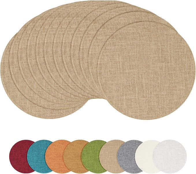 Cotton Linen 15 Inch Round Cloth Place mats, Set of 12, Linen | Washable Table Mats, Heat Resistant, Reversible, Wipeable Place Mats for Indoor Outdoor