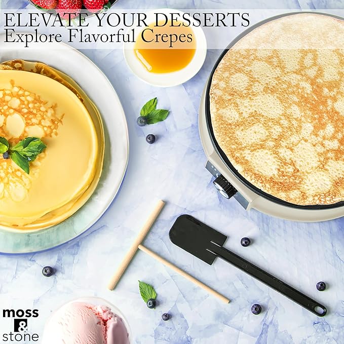 Moss & Stone 12” Electric Crepe Maker Machine, Griddle Nonstick Crepe Pan | Adjustable temperature, quick heat-up, even heating, non-slip feet, spreader & spatula included, for pancakes & tortillas