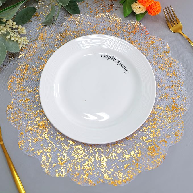 Snowkingdom Gold Placemats Set of 50, Gold Metallic Mesh Glitter Foil Floral Scalloped 13" Round Disposable Doilies for Dinning Table Fall Wedding Birthday Party Thanksgiving Christmas Decorations