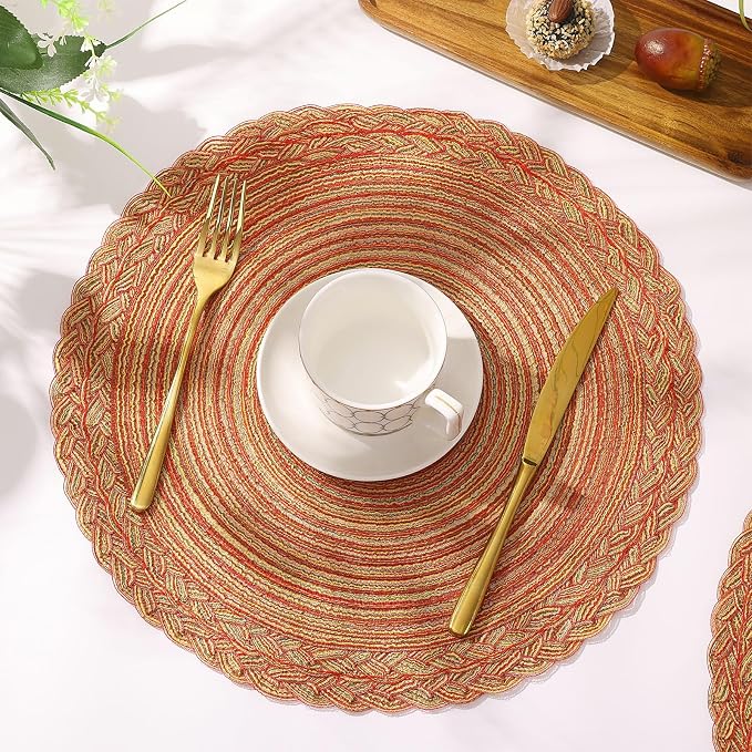 SHACOS Round Placemats Set of 6 Woven Round Table Mats 15 inch Circle Braided Edge Washable Cotton Polyester Kitchen Dining Table Place Mats, Fall Color Mix (Pack of 2)