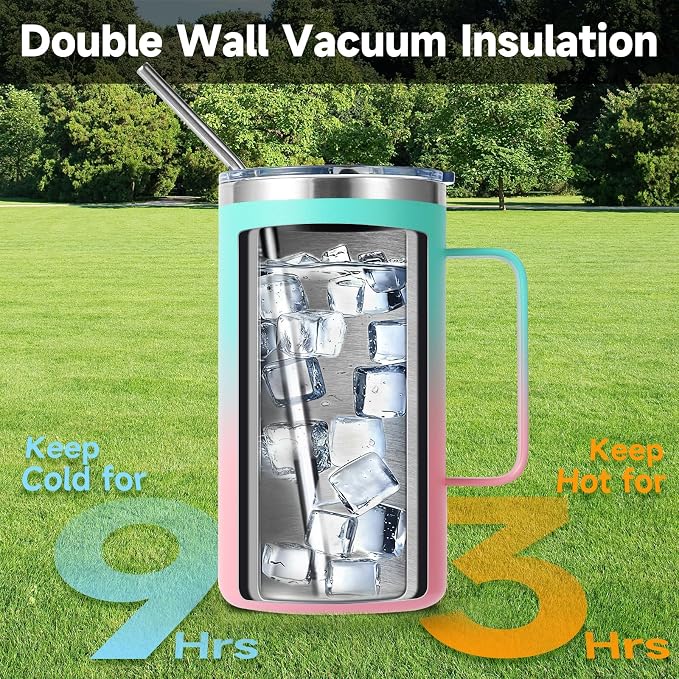 Volhoply 22oz Insulated Stainless Steel Coffee Mug with Leakproof Lid,Double Wall Vacuum Travel Coffee Cup with Handle,Reusable Metal Tumbler,Camping Mugs Keep Hot&Cold(Green Pink,1)