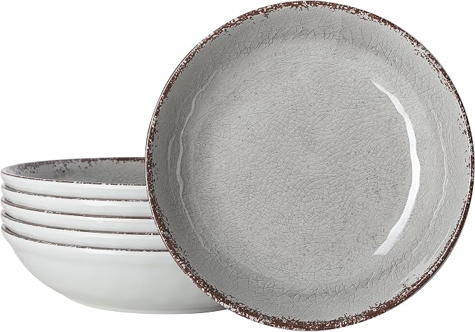 LEHAHA Farmhouse Melamine Pasta Bowl, 9.25 inch Large Salad Bowls, Set of 6, Unbreakable 100% Melamine Serving Bowls Set for Dinner, Wide and Shallow Bowls Set, Dishwasher Safe, Grey…