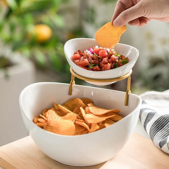YHOSSEUN Chip and Dip Serving Set 2 Tiered Chip Dip Bowls with Metal Rack | Large Chip Bowl 45 oz for Appetizer, Snacks, Small Dip Bowl 7 oz for Sauce, Serving Bowls for Party, Food Dispaly, Gold Stand