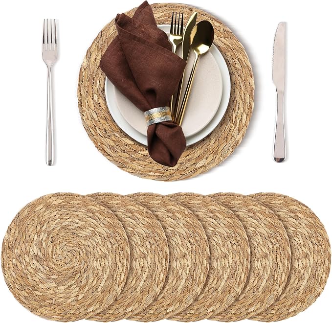 Kochorie Set of 6 Round Woven Placemats - 12 Inch Natural Boho Rattan Wicker Table Mats for Home Dining Table