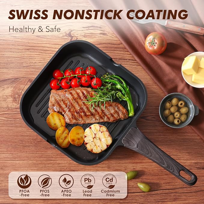 SENSARTE Nonstick Grill Pan for Stove Tops, Versatile Griddle with Pour Spouts, Square Big Cooking Surface, Durable Skillet Indoor & Outdoor Grilling. PFOA Free,12Inch